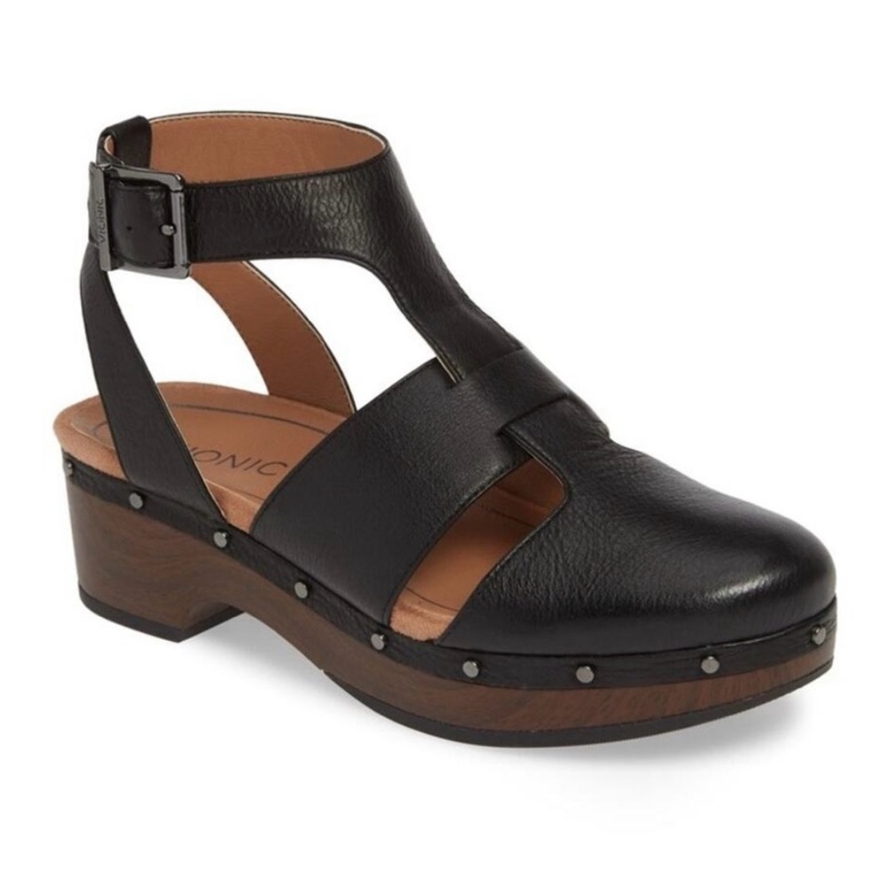 Vionic Faye T-Strap Casual Black Leather Clog Orthotic Support Sz 9 Close Toe